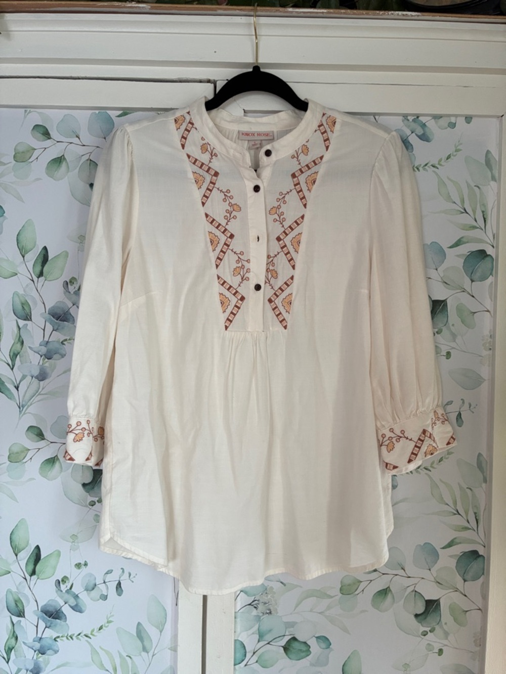 Knox Rose Cream Peasant Tunic with Rust Embroidery